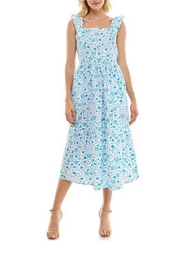 Draper James White and Blue 100% Cotton Floral Square-Neck Midi Dress